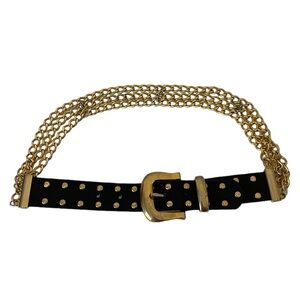 La Donna Size 26 black leather gold studded chain belt. Vintage. EUC
